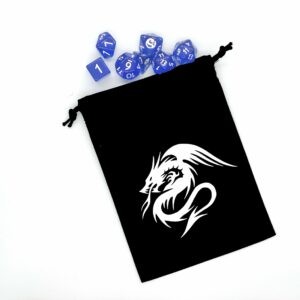 Bourse à dés plate noire - motif dragon blanc avec un set de dés de jeu de rôle