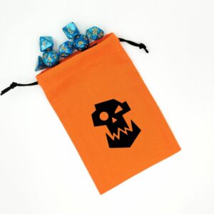 Bourse à dés orange avec flex thermocollant Ork noir et un set de dés de jeu de rôle
