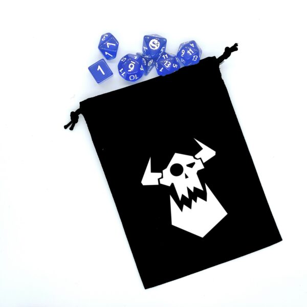 Bourse à dés plate noire avec motif ork blanc avec dés jeu de rôle (d4, d6, d8, d10, d12, d20)