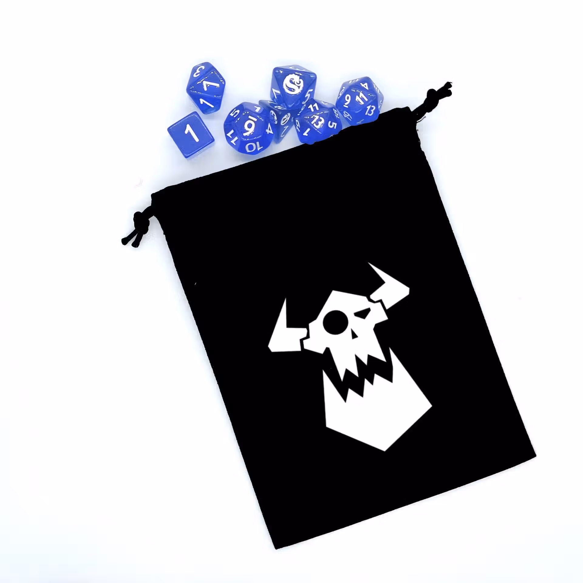 Bourse à dés plate noire avec motif ork blanc avec dés jeu de rôle (d4, d6, d8, d10, d12, d20)