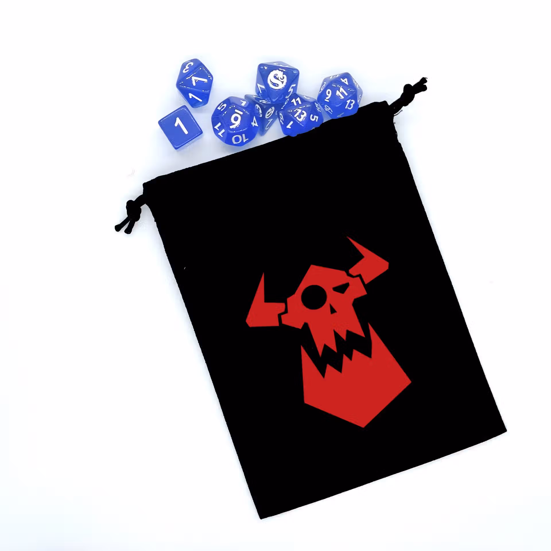 Bourse à dés plate noire avec motif ork rouge avec dés jdr (d4, d6, d8, d10, d12, d20)