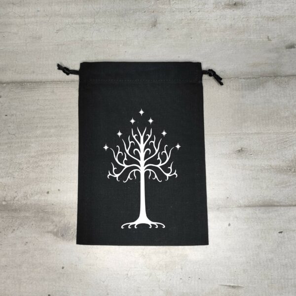 Bourse à dés plate noire - motif Arbre du Gondor argenté