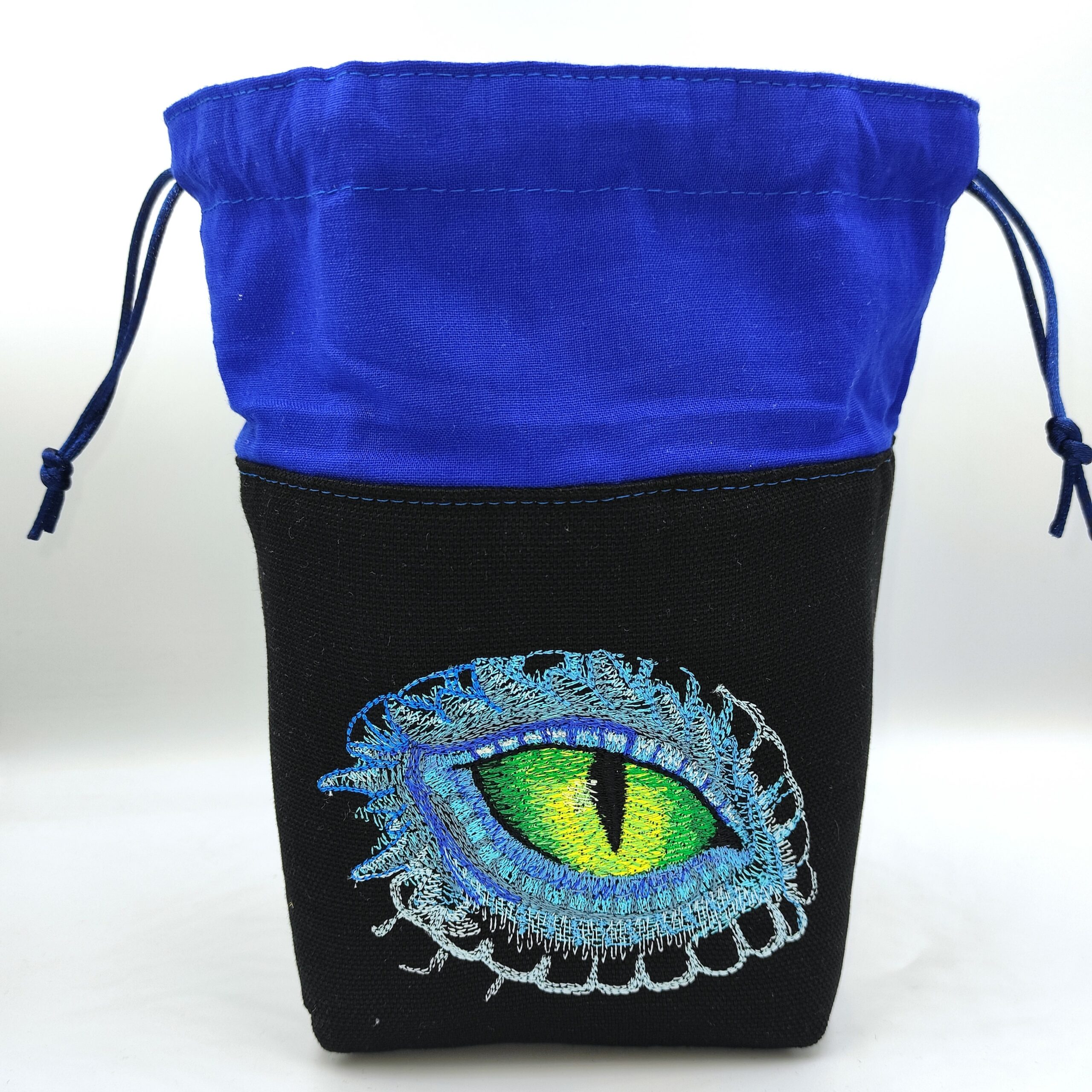 Bourse à dés carrée noire et bleue - motif œil de dragon