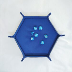 piste à dés bleu hexagonale en simili avec set de dés de jeu de rôle