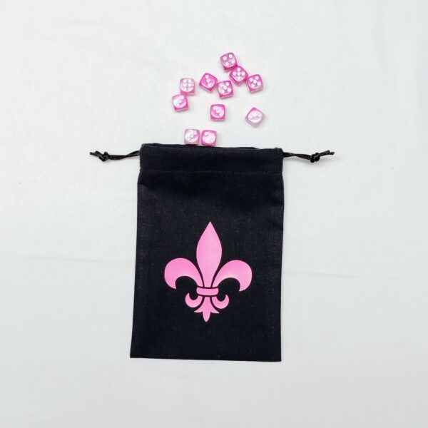 Bourse à dés plate noire motif lys rose avec dés assortis