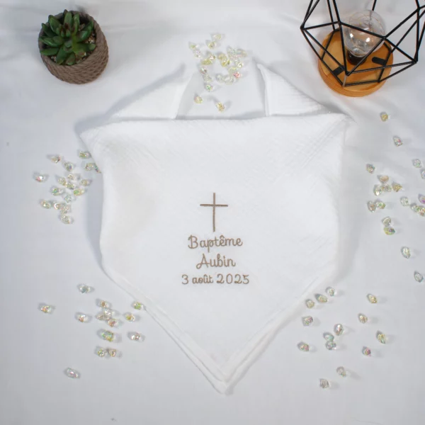 Lange de baptême en double gaze de coton - motif croix