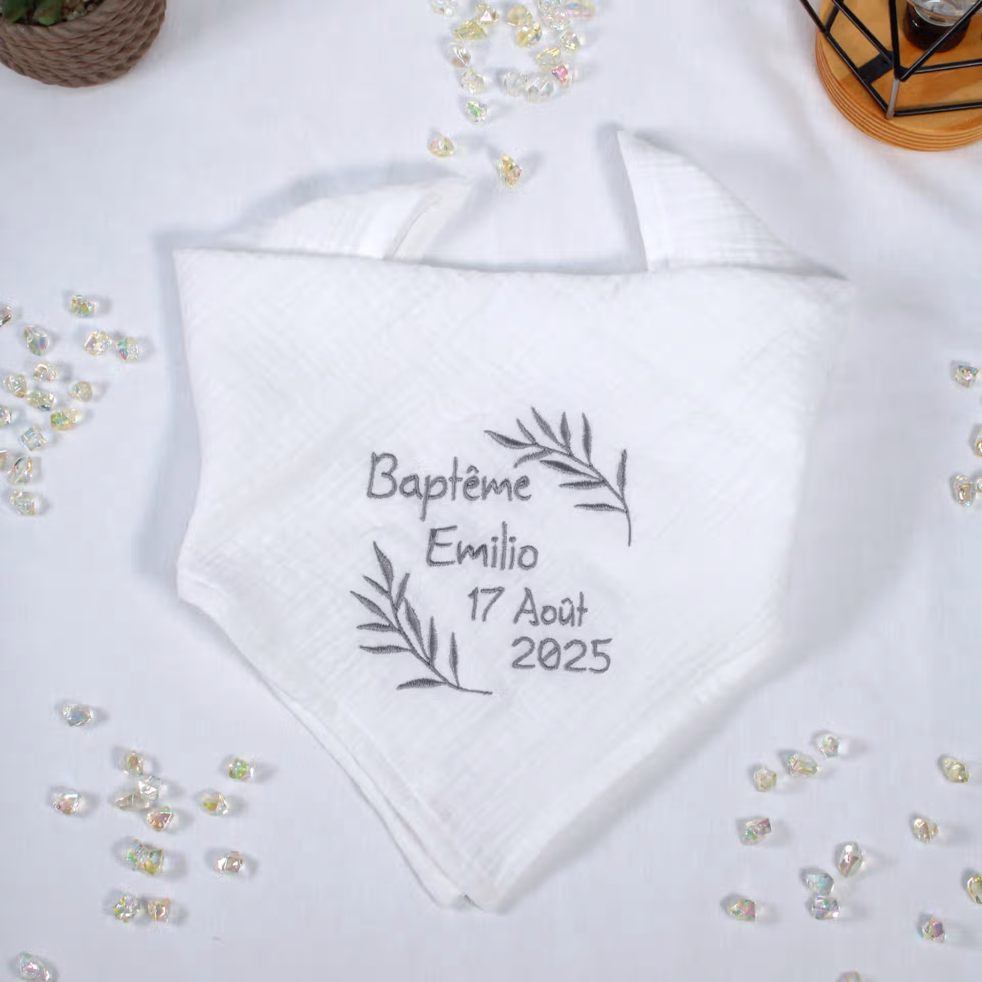 Lange de baptême en double gaze de coton - motif rameaux