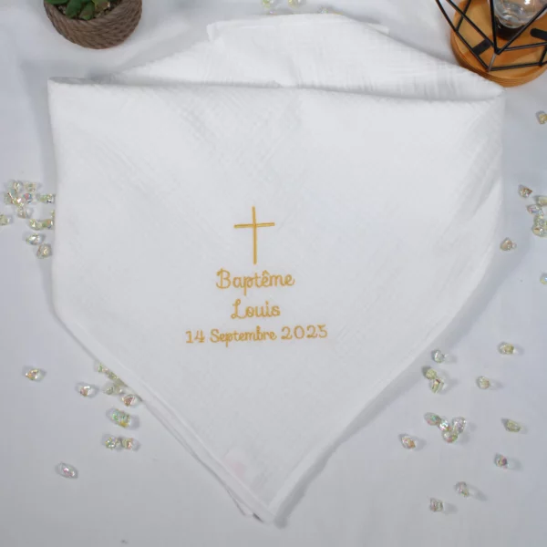 Lange de baptême en double gaze de coton - motif croix