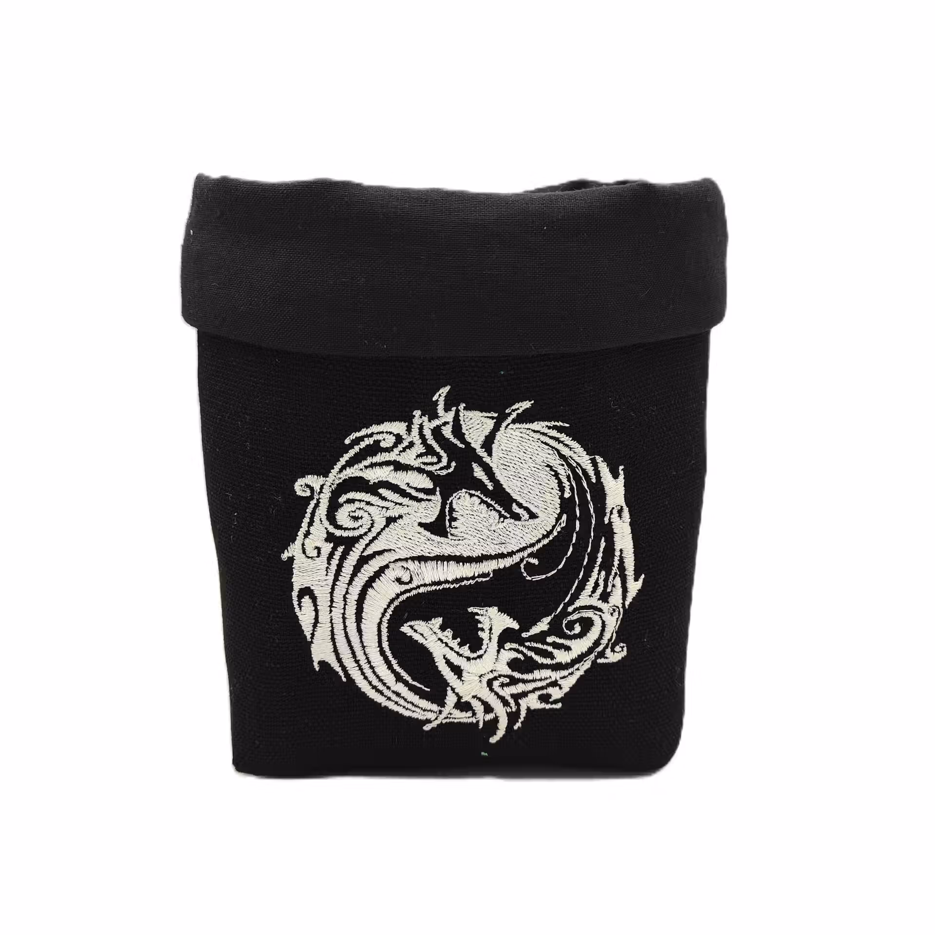 bourse à dé carrée brodée noire avec deux dragons blancs yin yang ouverte