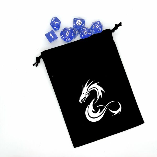 Bourse à dés plate noire motif dragon blanc avec dés de jeux de rôle donjons et dragons