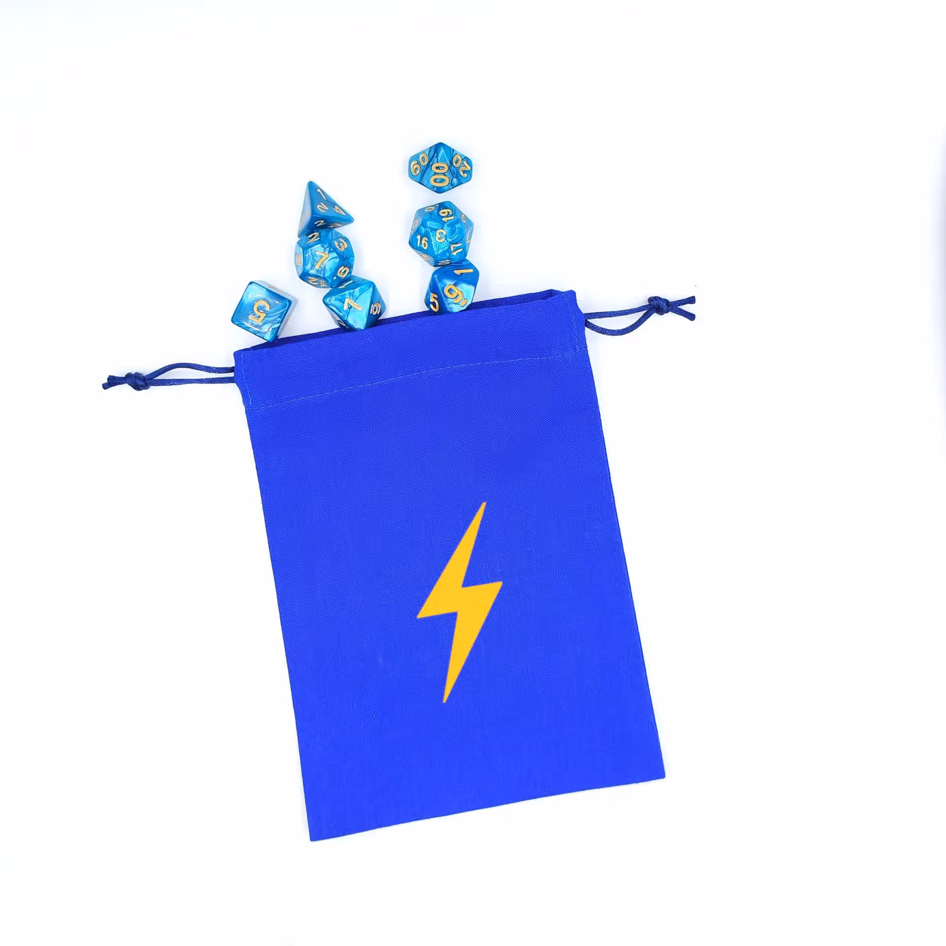 Bourse à dés plate bleue inspirée de l'univers Fallout avec éclair Vault Tec