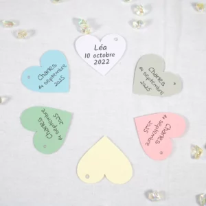 Lot de 20 Etiquettes cœur en papier, perforées et personnalisées