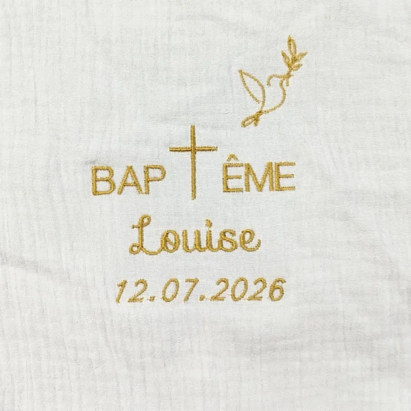 Lange de baptême en double gaze de coton - motif personnalisé - commande Ludivine